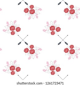 Rose bouquet and arrow seamless pattern on white background illustration