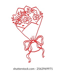 Rose bouquet with bow line art. Romantic flower hand drawn illustration. Valentine’s Day romantic element. 