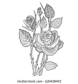 Rose bouquet coloring book page doodle. Decorative ornamental flowers for printing on t-shirts or coloring books.