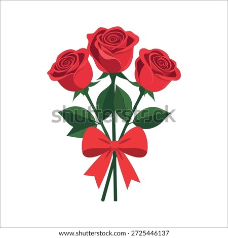 Rose bouquet icon, three red roses tied with a ribbon, minimalist style, flat design