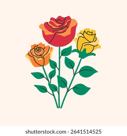 Rose bouquet illustration. Colorful hand drawn flower blossoms. Botanical elements for greeting cards, invitations, posters, social media.