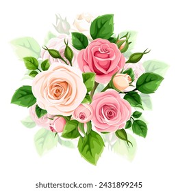 Rose bouquet. Pink and white rose flowers bouquet isolated on a white background. Vector floral bouquet. Hand-drawn illustration, not AI