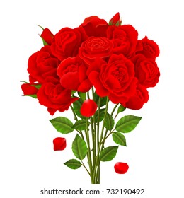 Rose Bouquet With Red Flowers And Green Leaves Realistic Vector Illustration 