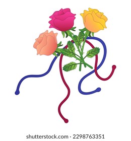 A rose bouquet with ribbons.