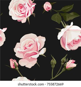 Rose Bouquet vector seamles pattern Flowered Texture on Black Background #2