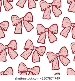 Rose bows pattern. Hand drawn ribbon bows on white background. Gift wrapping. Romantic backdrop. 