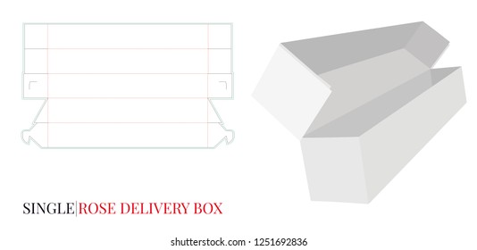 Rose Box Template, Vector with die cut / laser cut layers. Cut and Fold Box. Delivery box, White, blank, clear, isolated Single Rose Box mock up on white background, perspective. Packaging Design