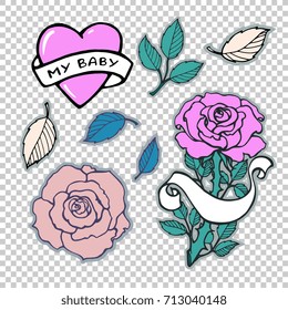 Rose branch, heart, ribbon, flowers, leaves. Text My baby. Vector artwork. Vintage classic tattoo. Black and white, purple, gray, green color. Stickers, patches. Fashion badges. Logo, label, print. 