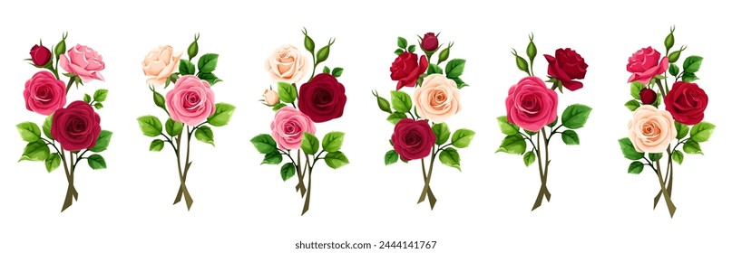 Rose branches. Red, pink, and white rose flower branches isolated on a white background. Set of vector design elements. Hand-drawn illustration, not AI