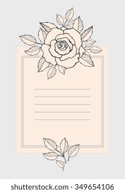Rose. Bridal vintage floral frame isolated. Vector paper sketch. Hand drawn artwork. Love bohemia concept for wedding invitation card, branding, boutique logo label. Black, beige, silver grey color