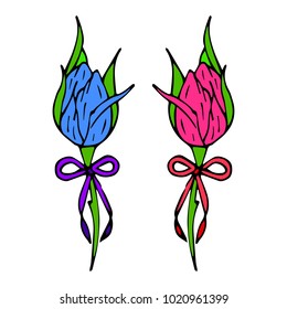Rose Bud with bow vector illustration. Doodle style. Design, print, decor, textile, paper