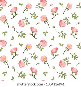 Rose bud and green leaf seamless pattern for fabric design. Beautiful pink rose blossom. Decorative print. Trendy floral illustartion.
