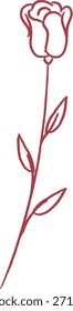 Brote de rosa con tallo largo y hojas en contorno limpio, dibujado a mano con trazos suaves. Símbolo de amor, romance, elegancia, pureza y belleza para saludos y temas de boda. Ilustración vectorial de dibujos animados.