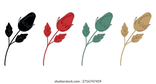 Rose bud set, hand drawn illustrations. Rose stem collection, floral sketch. Rose bud icons, botanical stems