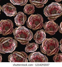 Rose buds embroidery seamless pattern. Fashionable template for design of clothes, t-shirt design, blossoming bouquets of roses embroidery tapestry flowers 