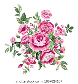 Rose buds and leaves. Vector illustration isolated on white background. For the design of weddings, shawls, fabrics, Mothers Day, Valentine's Day, covers, cards, invitations, congratulations.