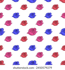 Rose buds. Red, blue and pink blossoming flowers. Seamless vector pattern. Isolated colorless background. Cartoon style. Repeating pattern of flowering plants. Idea for web design.