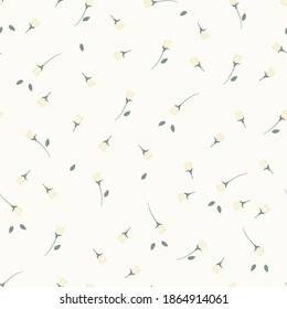 Rose buds seamless vintage pattern. Cute little unopened flowers and leaves on a white background. Design of fabric, packaging, interior, scrapbooking. Vector illustration.