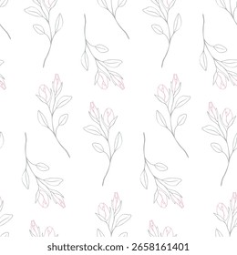 Rose buds silhouette pattern. Vector texture. Seamless print. Card. Invitation. Fabric. Textile. Packaging. Wrapping paper. Flat silhouette.