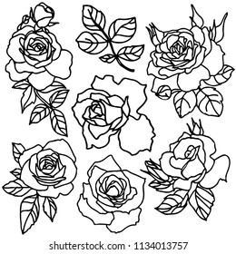 Rose buds vector silhouettes. Flowers design elements. Monochrome rose tattoo illustration