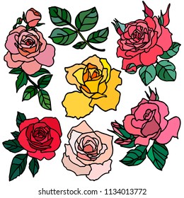 Rose buds vector silhouettes. Flowers design elements. Colors rose tattoo illustration