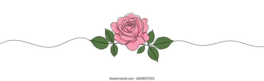 Rose with bunch of leaves one line art. Continuous line drawing of rose flower. Hand drawn rose