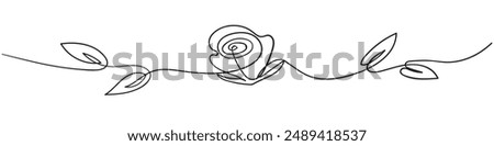 
Rose with bunch of leaves one line art. Continuous line drawing of rose flower. Hand drawn rose. 