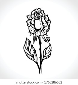 Rose burgeon tattoo. Black ink drawn sketch of a blooming rose for a tattoo. Vector old school style pattern.