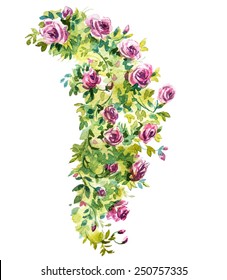 Rose Bush Watercolor Sketch. Vector Illustration.