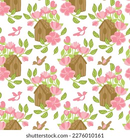 Rose bushes  and rustic bird feeder on the summer garden. Seamless pattern. Vector.