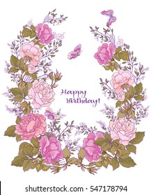 Rose and butterflies flower background. Good for greeting card for birthday, invitation or banner. Stock vector.