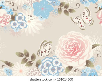 Rose and butterfly. Floral seamless  pattern. Vector background.