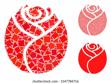 Rose button composition of inequal pieces in various sizes and shades, based on rose button icon. Vector ragged pieces are organized into collage. Rose button icons collage with dotted pattern.