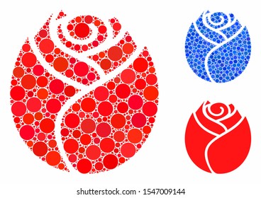 Rose button mosaic of filled circles in variable sizes and color hues, based on rose button icon. Vector filled circles are organized into blue composition.