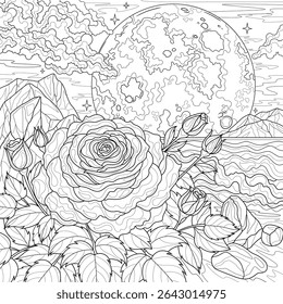 A rose by the sea and full moon. Landscape.Coloring book antistress for children and adults. Illustration isolated on white background.Zen-tangle style. Hand draw