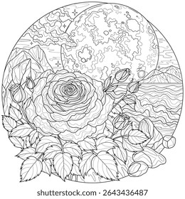 A rose by the sea and full moon in a round frame. Landscape.Coloring book antistress for children and adults. Illustration isolated on white background.Zen-tangle style. Hand draw