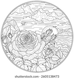 Una rosa junto al mar en un marco redondo. Landscape.Coloring libro antiestrés para niños y adultos. Ilustración aislada sobre fondo blanco. Estilo de enredo zen. Dibujo a mano