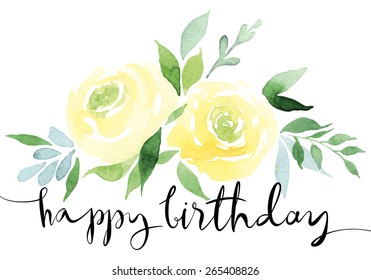 Rose card. Yellow bouquet of roses. Delicate color. Watercolor. Handmade. Birthday.