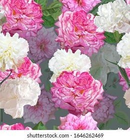 Rose and carnation flower seamless pattern vector illustration