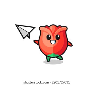 rose cartoon character throwing paper airplane , cute design