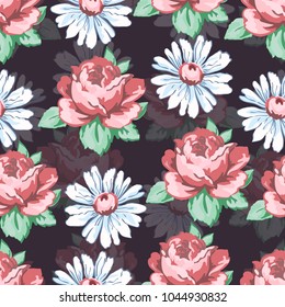 Rose and chamomile flower hand drawing seamless pattern, vector floral background, floral embroidery ornament. Drawn bud pink rose flower and white chamomile on dark purple backdrop. For fabric design