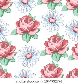 Patrón sin fisuras de dibujo a mano de flores de rosa y manzanilla, fondo floral de Vector, ornamento floral del bordado. Brotes dibujados rosa flor de rosa y manzanilla blanca sobre fondo blanco. Para el diseño de la tela