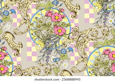 Rose, chamomile and lavender. Seamless pattern. Suitable for fabric, wrapping paper, tablecloth.
