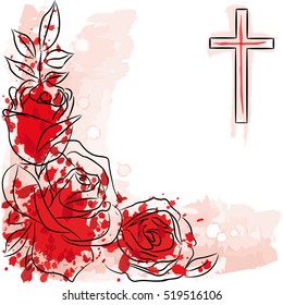 rose and christian cross on white background