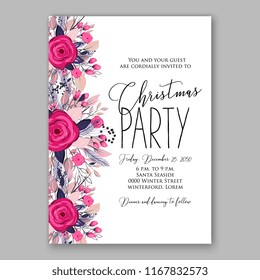 Rose Christmas party invitation fir winter wreath vector background