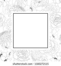 Rose, Chrysanthemum, Carnation, Peony and Amaryllis Flower Banner Card Outline. Vector Illustration.