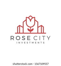 Rose city real estate modern nature city park green room, simple minimalist logo design line style.