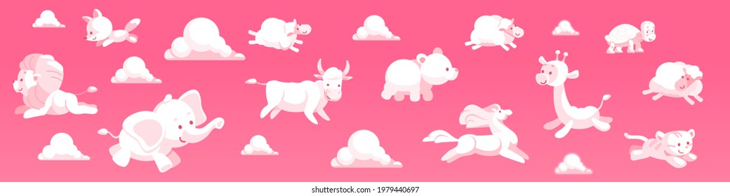 Rose Clouds animal shapes with giraffe, lion, sheep, elephant, cow, horse, tiger, fox and  turtle on the sky. Kids funny clouds with different animals on rose background. Cartoon vector illustration.