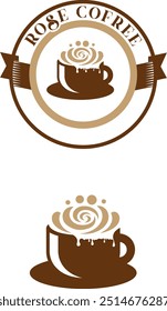 The "Rose Coffee" logo features a top-view design of a coffee cup with a beautifully intricate rose flower pattern swirling into the foam. The rose-shaped foam art symbolizes elegance and attention to