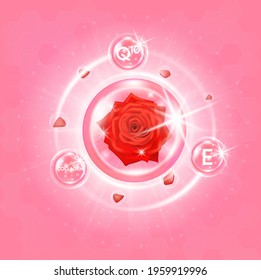 Rose collagen and vitamin serum extracted. Realistic flower natural organic cosmetic. Beauty cosmetic product. 3D Vector EPS10 illustration